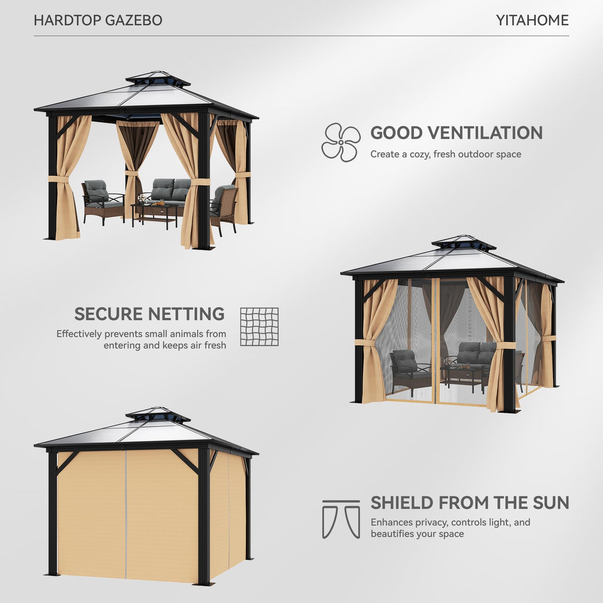 YITAHOME 10X10FT Hardtop Gazebo Outdoor Polycarbonate Patio Double Top Canopy Galvanized Iron Aluminum Column Garden Tent Curtains Netting for Backyards Decks Lawns,Brown YITAHOME