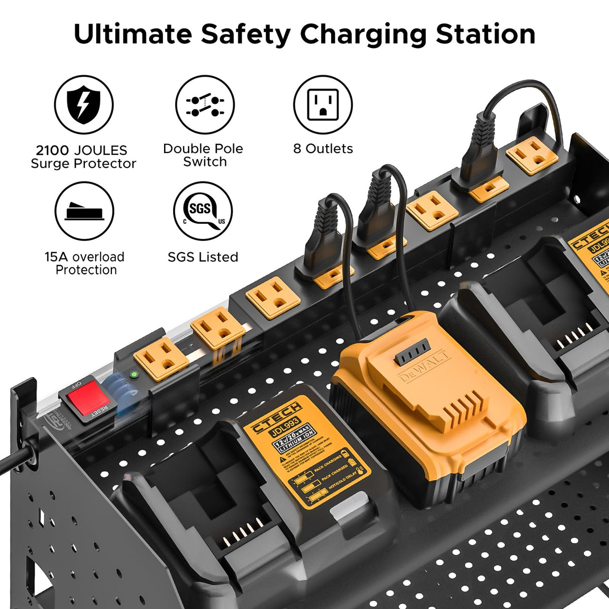 CRST Power Tool Organizer Wall Mount with Charging Station Cordless Drill Holder with 8-Outlet Heavy Duty Power Strip, Modular Garage Organization Storage Rack Shelf,Gift for Men Black CRST