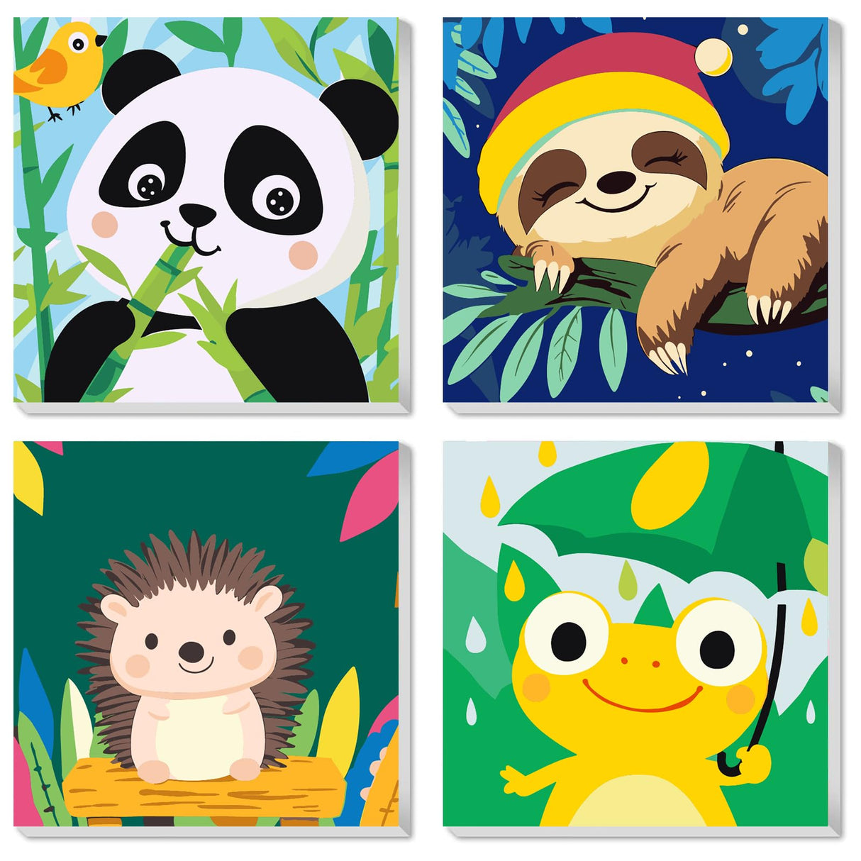KEYIFA 4 Pack Framed Paint by Numbers Kit for Kids Age 6-12, Easy Animal Paintings for Adult Beginner, Framed Acrylic Canvas Painting for Home Decor Children Gift, 8x8 in (Sloth+Panda+Hedgehog+Frog) KEYIFA