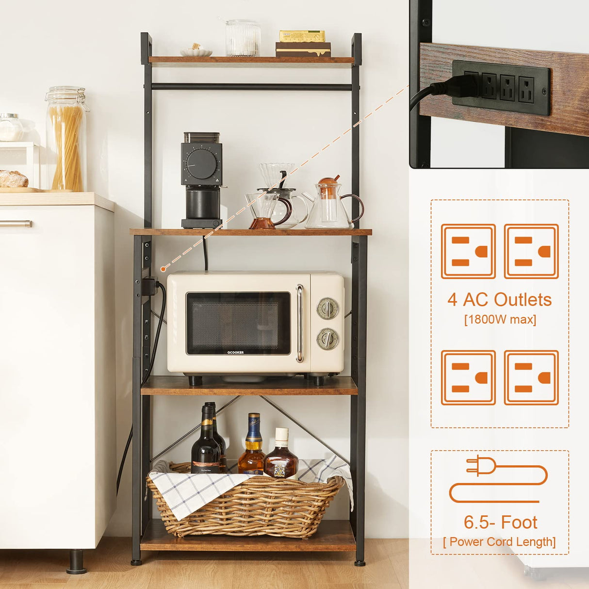 OIRBOEUS Rustic Brown Bakers Rack with Power Outlet and 5-Tier Storage for Kitchen and Coffee Bar OIRBOEUS