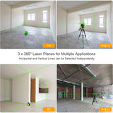 Huepar 3D Green Beam Self-Leveling Laser Level 3 x 360 Cross Line Three-Plane Leveling and Alignment Tool -Two 360 Vertical and One 360 Horizontal Line -Magnetic Pivoting Base GF360G Huepar