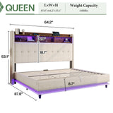 Jocisland Queen Size Bed Frame with Hydraulic Lift Up Storage, 53.1" H Built-in Bookcase & RGB LED Headboard, Velvet Upholstered Wingback Design, No Box Spring Needed, Cream Jocisland