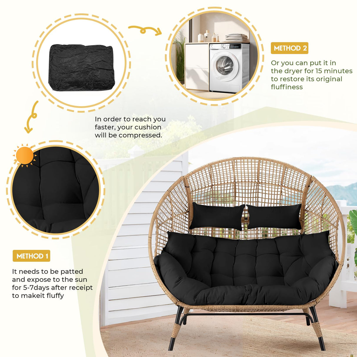 DANGHOOGY Outdoor Double Egg Chair Cushions, Waterproof Wicker Egg Chair Replacement Cushion, Thickened Hanging Chair Cushion, 65x47x7 Inches (Black) DANGHOOGY