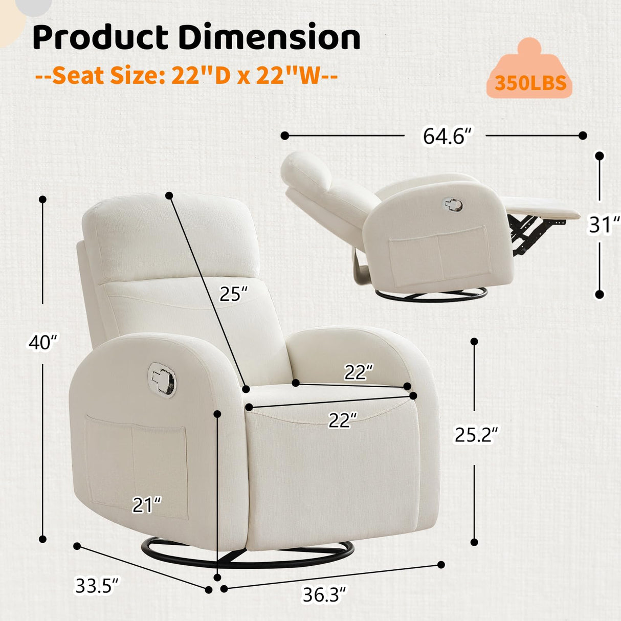 BaseBeauty Glider Nursery Recliner Chair, Swivel Rocker Recliner Glider Chair with 2 Pockets, Rocking Recliner Nursery Chair, Manual Recliners for Living Room, Bedroom, Cream White Chenille BaseBeauty