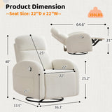 BaseBeauty Glider Nursery Recliner Chair, Swivel Rocker Recliner Glider Chair with 2 Pockets, Rocking Recliner Nursery Chair, Manual Recliners for Living Room, Bedroom, Cream White Chenille BaseBeauty