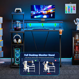 Korfile L Shaped Gaming Desk with LED Lights & Power Outlet, 39 Inch Computer Desk with Extra Storage Shelves, Reversible Gamer Workstations with Monitor Stand for Bedroom, Carbon Fiber Black Korfile