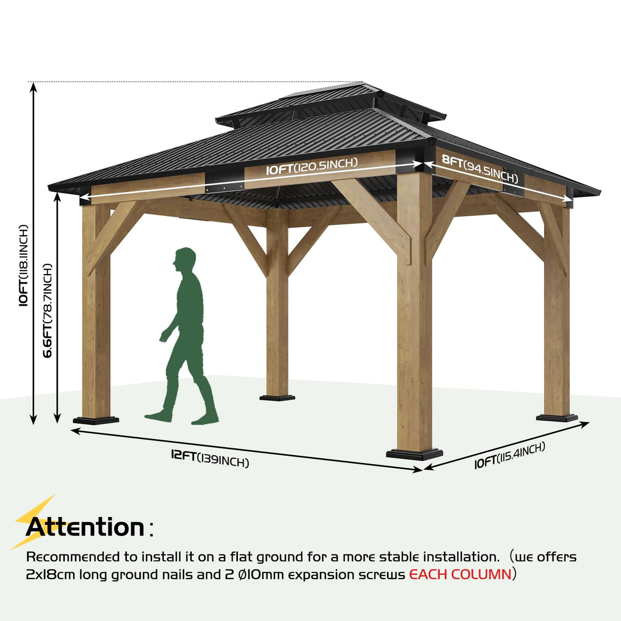 AMERLIFE 10x12 Wood Gazebo, Hardtop Gazebo with Spruce Frame and Aluminum Double Roof, Outdoor Pergola for Parties, Backyard, Patio, Lawns, Black + Natura Wood AMERLIFE