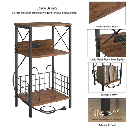 3 Tiers End Table with Charging Station, LED Side Table Turntable Stands for Vinyl Storage, Records Shelf for Albums, Vinyl Shelf Record Player Table for Living Room, Bedroom Rustic Brown