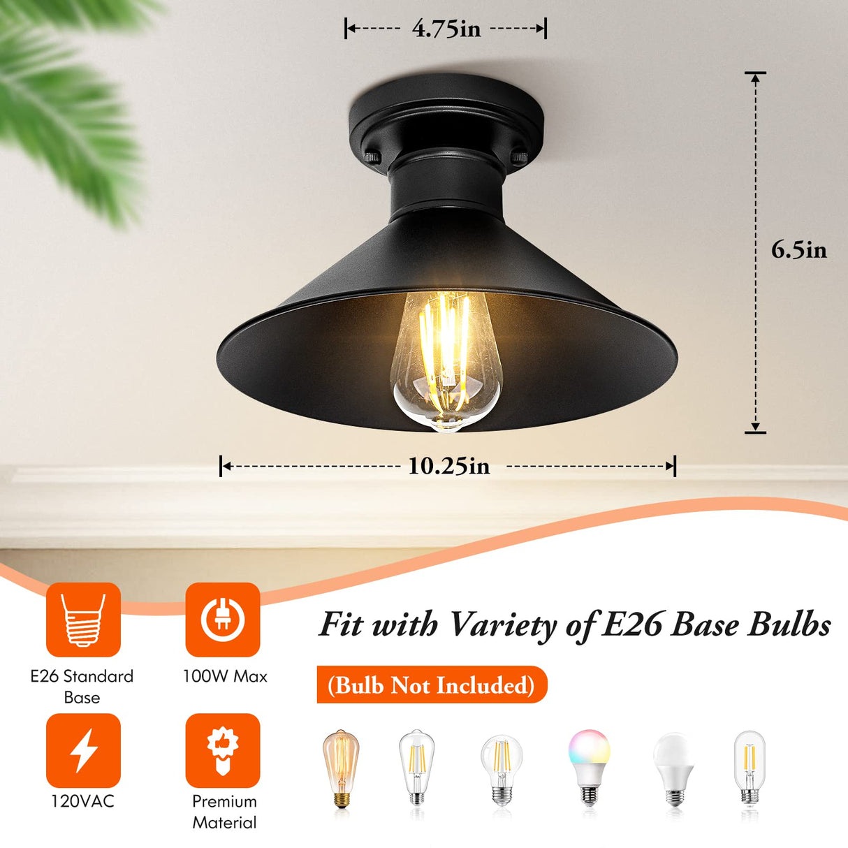 Brightever 2-Pack Industrial Semi Flush Mount Ceiling Lights, Matte Black Farmhouse Light Fixtures, Close to Ceiling Lights for Kitchen, Laundry Room, Entryway, Hallway E26 Base, Bulb not Included Brightever