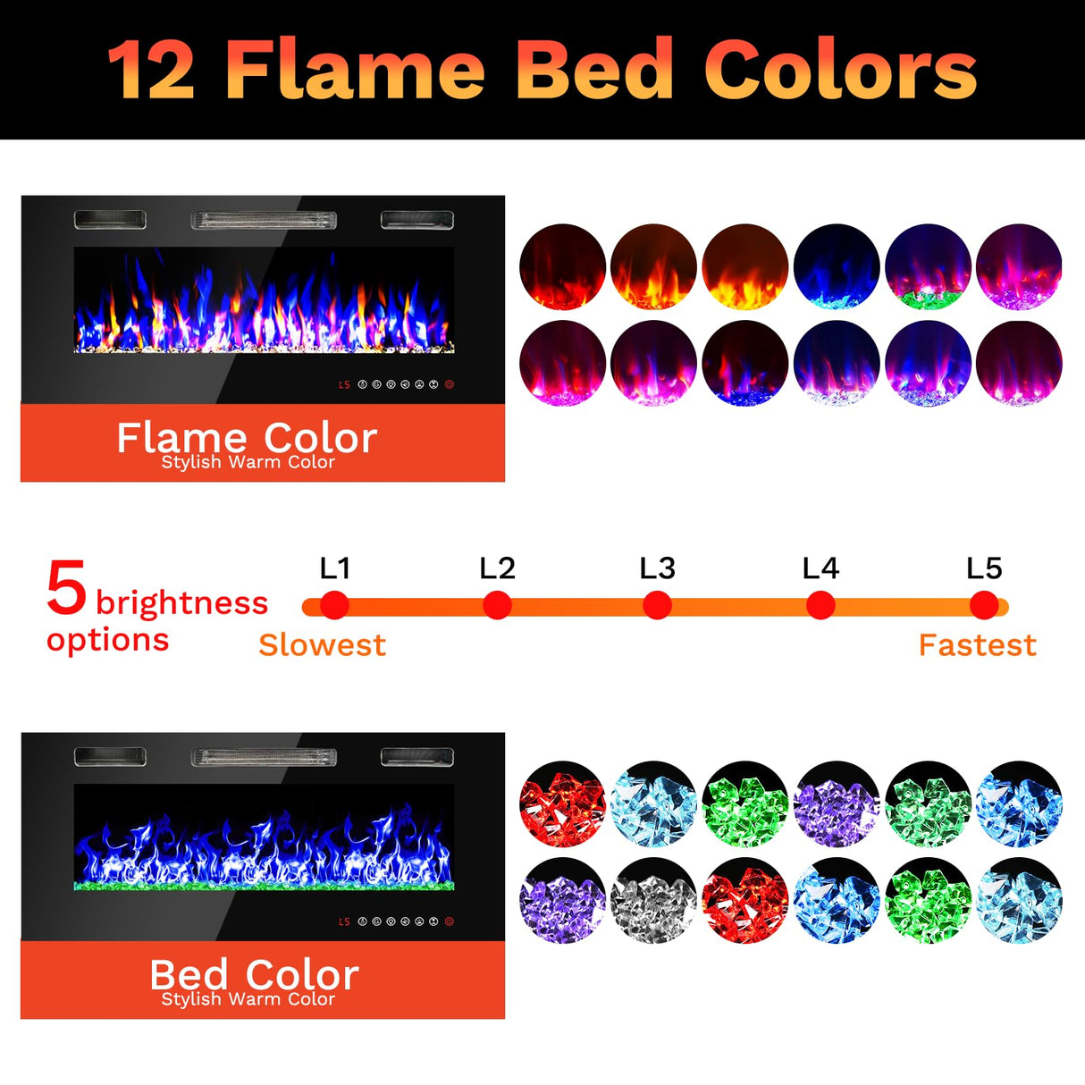 60 inch Wall Mounted Electric Fireplace, Multi LED Flames Fireplace Insert with Crystal, 750/1500W Fireplace Heater,Remote/Touch Screen Control Recessed Fireplace for Halloween,1-8H Timer / 400 Sq. FANGJI