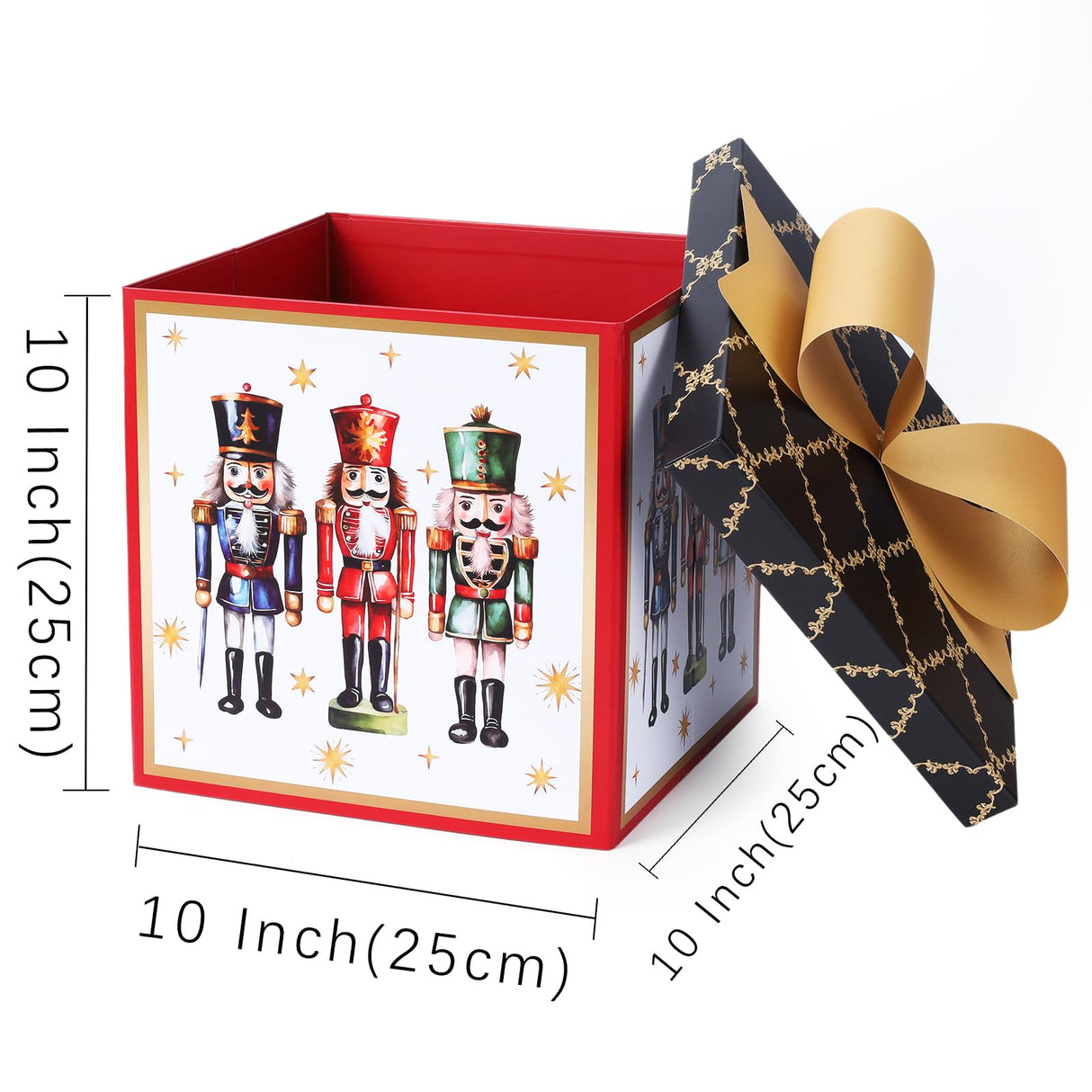 LaRibbons Large Christmas Gift Boxes with Lids, 10x10x10 Inches Nutcracker Design Folding Square Gift Boxes for Christmas Decorative Xmas Present, Red and Black LaRibbons