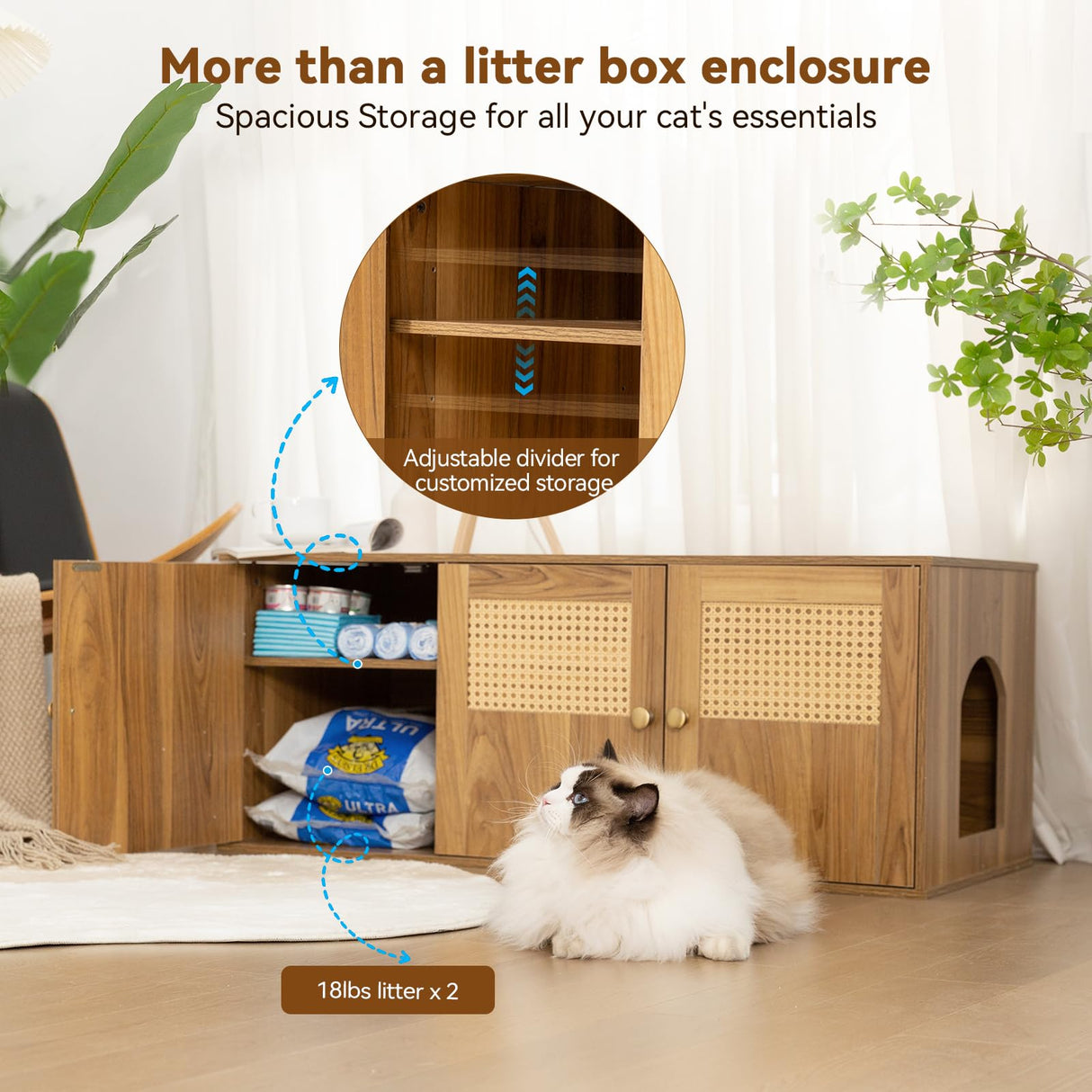 Wooden Cat Litter Box Enclosure with Storage Compartment with Adjustable Divider, Hidden Litter Box Furniture and Hall Table, Cat Box Enclosure, 42.5''L*18.5W*16.9H (Oak, Rattan) Furriends