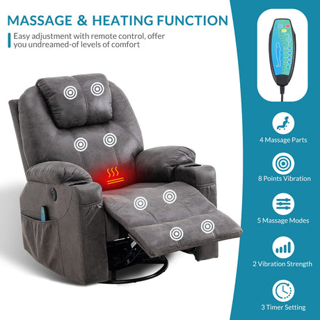 OUINCH Manual Swivel Glider Rocker Recliner Chair with Massage and Heat, 2 USB Ports, 2 Cup Holders, 2 Side Pockets and 2 Front Pockets, Bronze Suede Fabric (Grey) OUINCH