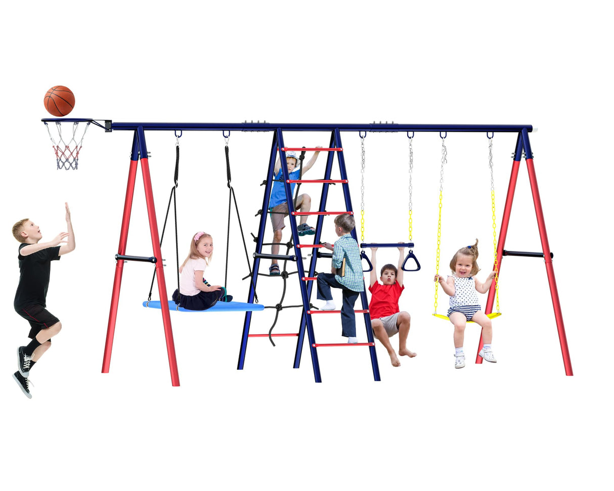 Swing Sets for Backyard, 6 in 1 Multifunction Swing Set Outdoor for Kids 3-12, Heavy Duty Metal Swing Sets with 2 Swings Climbing Ladder and Nets, Trapeze Bar, Basketball HoopPlayset BUPPLEE