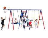 Swing Sets for Backyard, 6 in 1 Multifunction Swing Set Outdoor for Kids 3-12, Heavy Duty Metal Swing Sets with 2 Swings Climbing Ladder and Nets, Trapeze Bar, Basketball HoopPlayset BUPPLEE