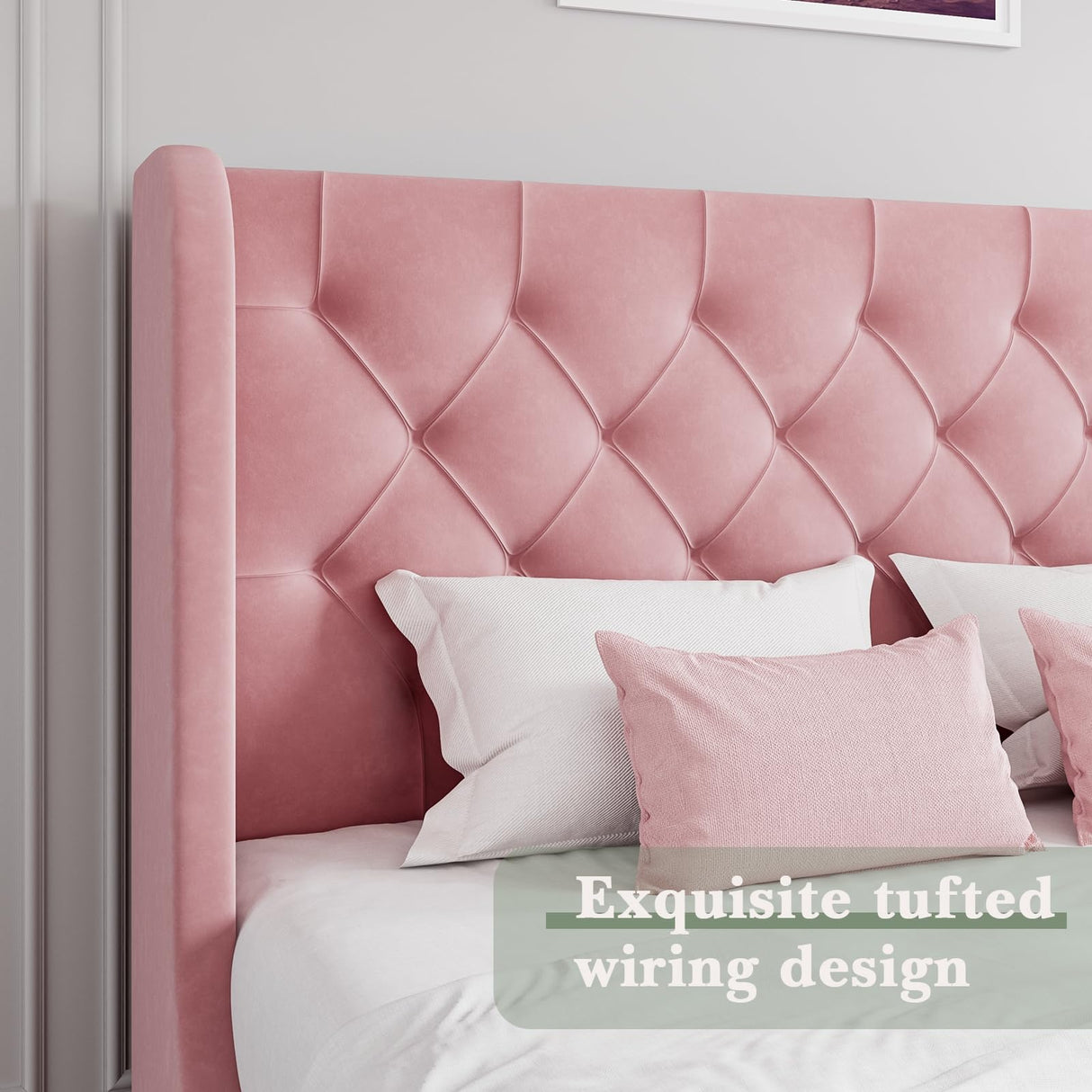 King Size Bed Frame, Pink Upholstered Bed Frame King with Wide Wingback, Softly Curved Wings Velvet Headboard, Sturdy Wooden Slats Support, No Box Spring Required, Noise Free, Easy Assembly, Pink HOMBCK