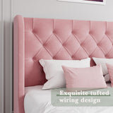 King Size Bed Frame, Pink Upholstered Bed Frame King with Wide Wingback, Softly Curved Wings Velvet Headboard, Sturdy Wooden Slats Support, No Box Spring Required, Noise Free, Easy Assembly, Pink HOMBCK
