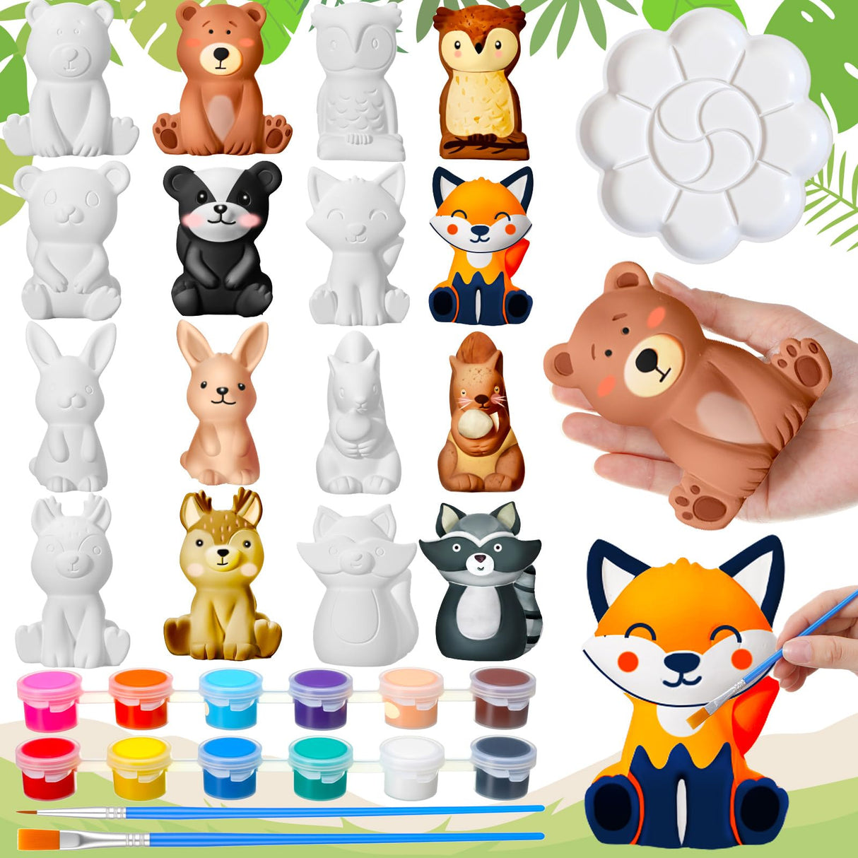 Reallnaive 8 Pack Woodland Animal Ceramics to Paint Ready to Your Own Gnome Statues 3.94" Jungle Theme Paintable Figurines DIY Unpainted Safari Animal Plaster Crafts Kit with Brush Palette Paint Reallnaive