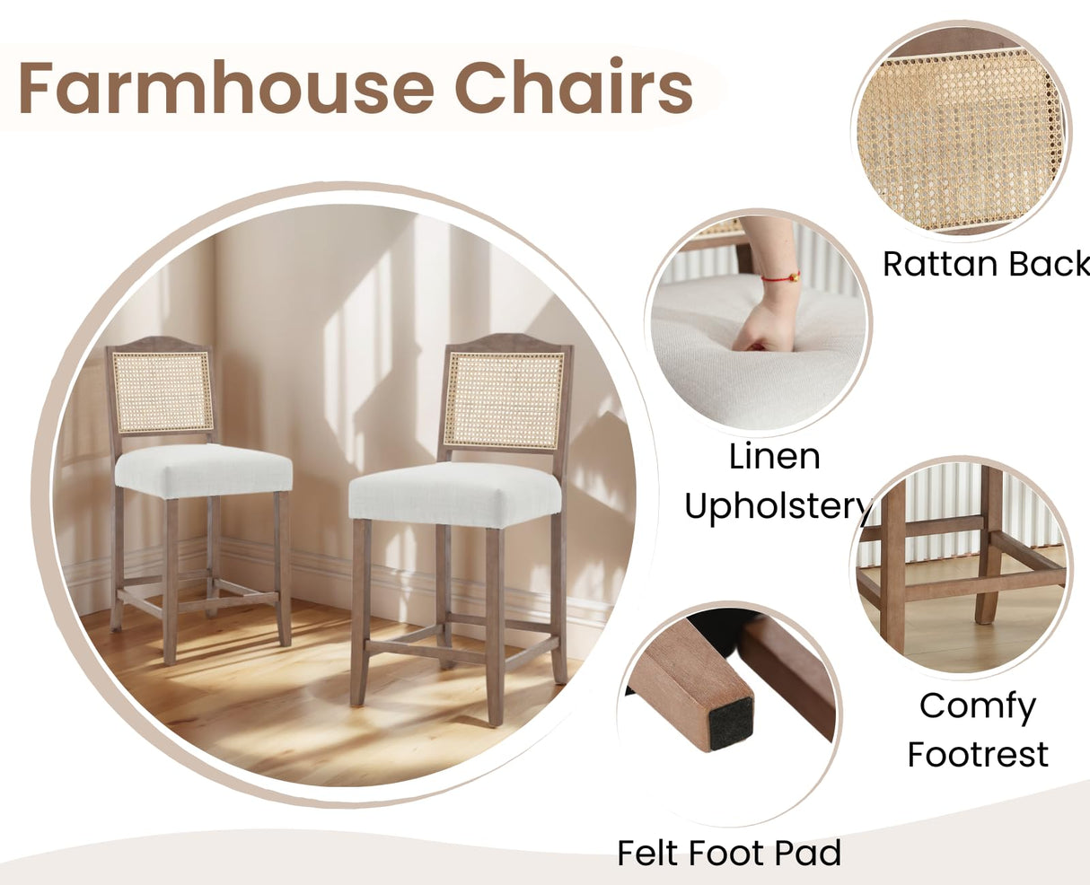 EALSON Counter Height Bar Stools Set of 2 Farmhouse Barstools with Rattan Back Comfortable Upholstered Bar Chairs Mid Century Wood Breakfast Counter Stools for Kitchen Island, Linen Beige EALSON