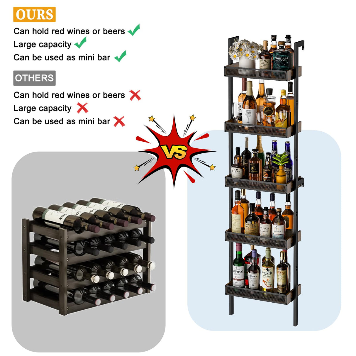 5-Tier Freestanding Wine Racks: 50 Bottles Wine Rack Shelf Wall Mounted with Fences, Wines Bottle Holder Display Shelf, Liquor Storage for Kitchen, Dining Room, Bar, Wood, 17.28''L x 7.95''W x 68.5''H Hencawima