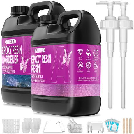 Puduo Epoxy Resin Kit 1.1Gallon，Newly Formulated Crystal Clear Epoxy Resin，Strong, Bubble-Free, Anti-Yellowing Art Resin That，Suitable for Casting, DIY, Resin Art, Molds, Easy to Mix 1:1 Ratio Puduo
