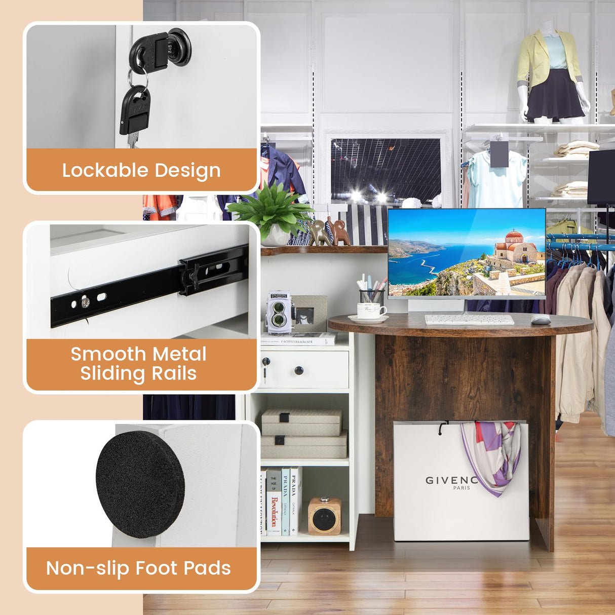 Tangkula Reception Desk, Front Counter Desk with Lockable Drawer & Adjustable Shelf, Oval Desktop, Retail Counter for Checkout, Computer Workstation for Salon Lobby Office, Home Office Desk Tangkula