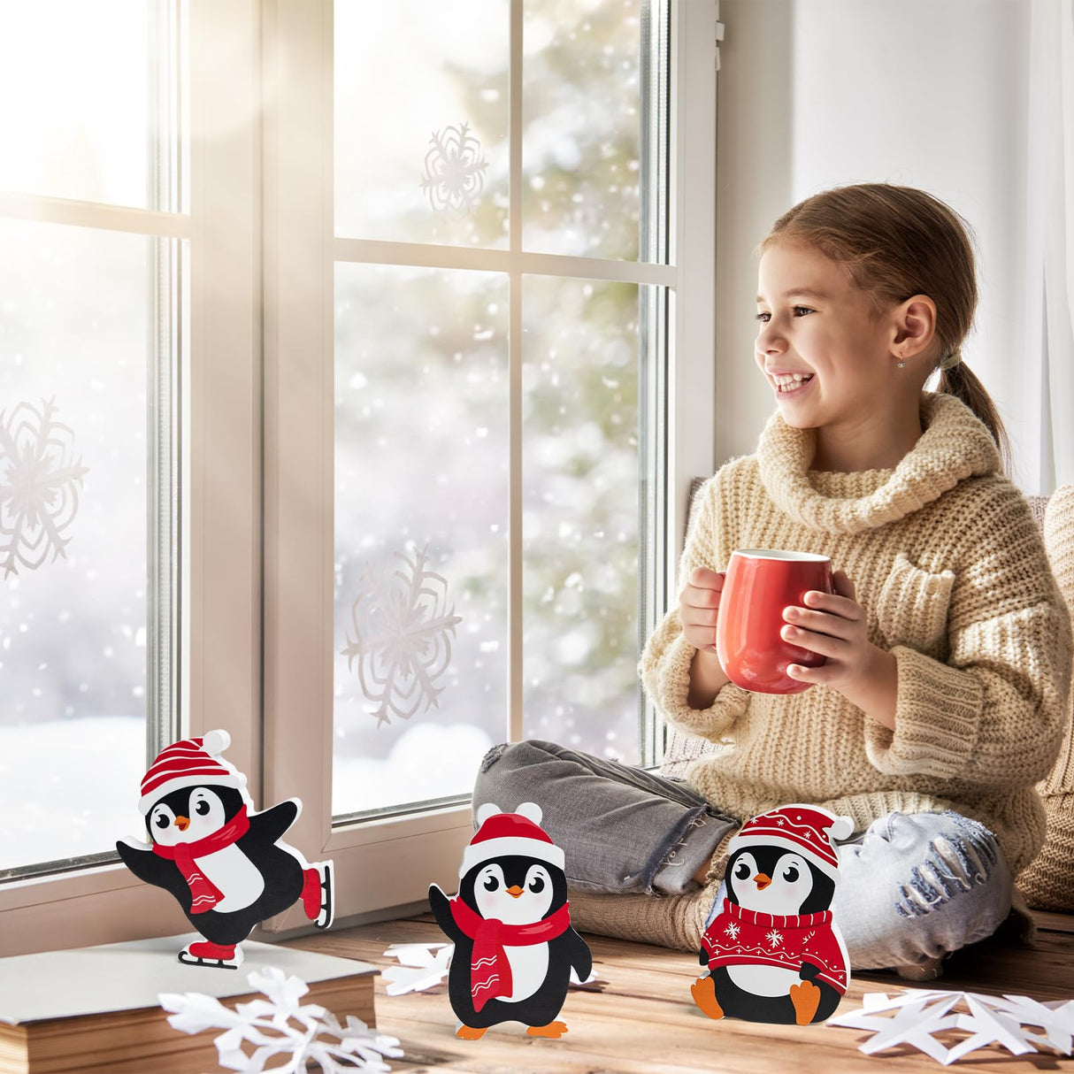 COCHIE Penguin Christmas Decorations Indoor, Cute Penguins Winter Tiered Tray Decor Set of 3, Wooden Penguin Blocks Xmas Table Decoration for Party Home Office Shelf Door (Red) COCHIE