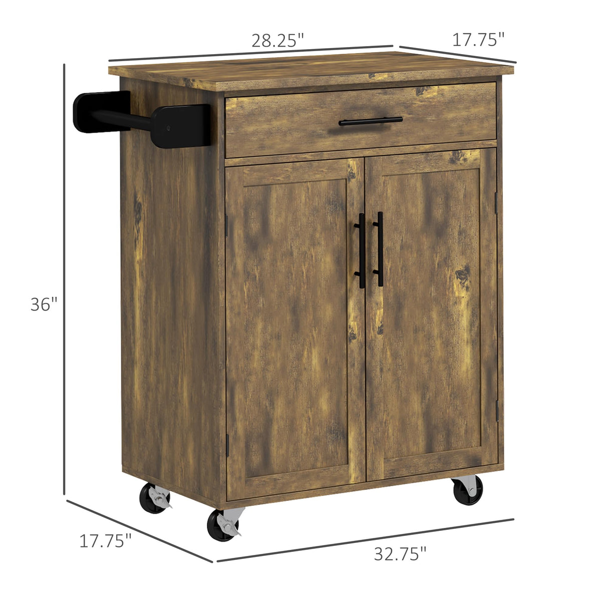 HOMCOM Kitchen Island Cart Rolling Trolley Cart with Drawer, Storage Cabinet & Towel Rack, Rustic Brown HOMCOM
