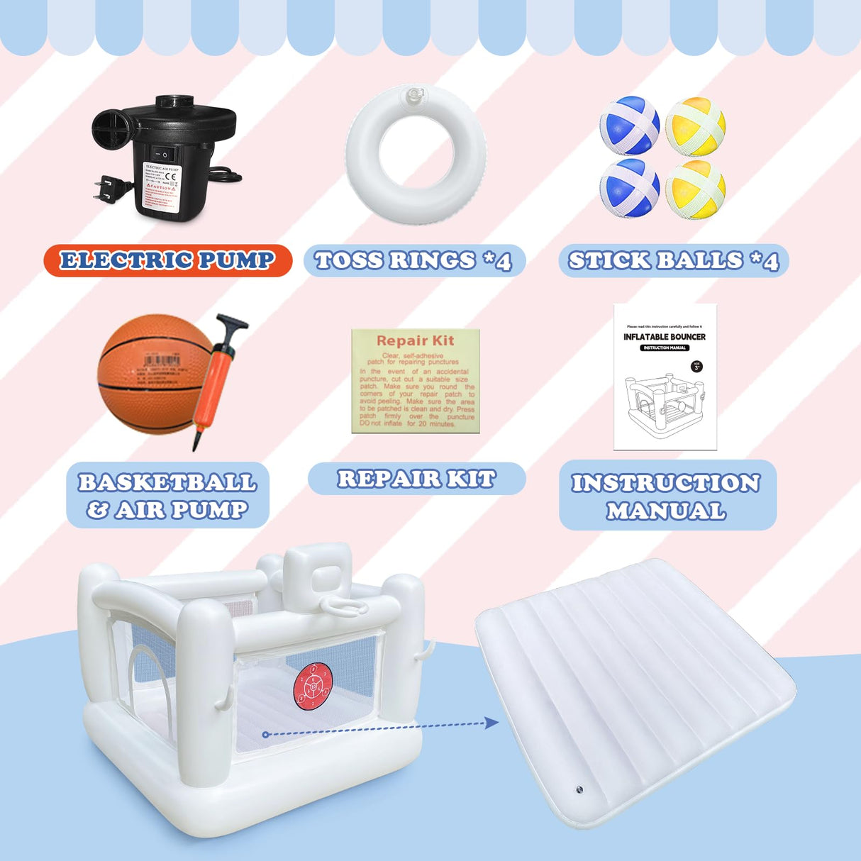 White Bounce House for Kids 2-8 Indoor Bouncy Castle with Pump Toddler Bounce House PVC Waterproof Materials Easy to Clean Outdoor Toddler Toys 68 x 68 x 58.2 inch iLink-outer