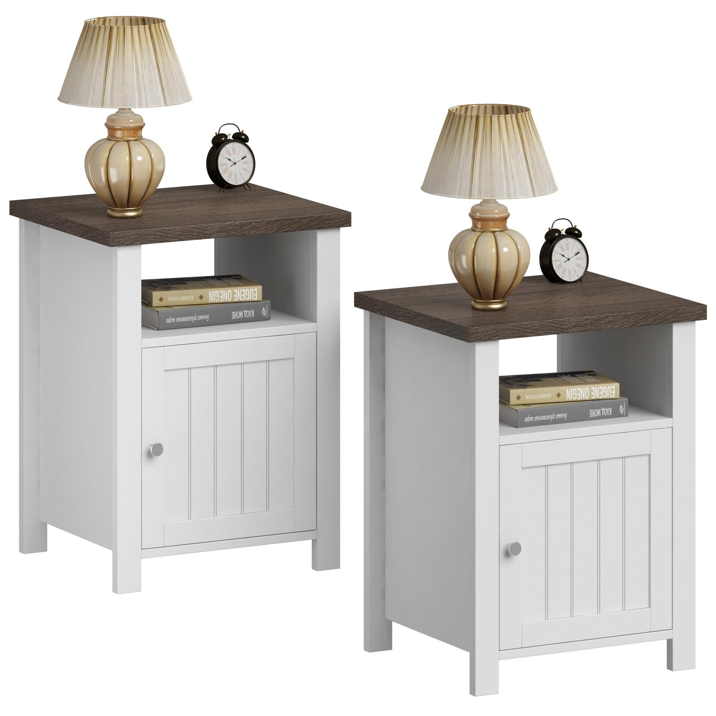 ChooChoo Farmhouse Nightstands Set of 2, Rustic Vintage End Side Table with Storage for Bedroom Living Room, White