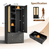 VINGLI Wardrobe Closet with Doors, Rattan Armoire Closet with Drawers & Hanging Rod, Armoire with Shelves, Wooden Wardrobe for Hanging Clothes, Black, 68.9" H VINGLI