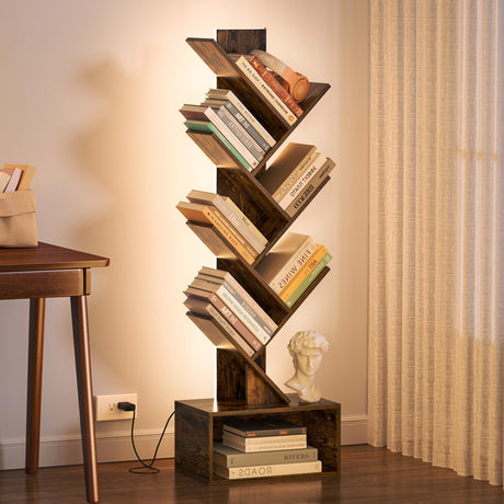Yoobure Tree Bookshelf with LED Light, 6 Tier Book Shelf, Small Bookcase Narrow Bookshelves with Storage, Wood Book Case Organizer for CDs/Books, Floor-Standing Rack for Bedroom, Office, Rustic Brown Yoobure