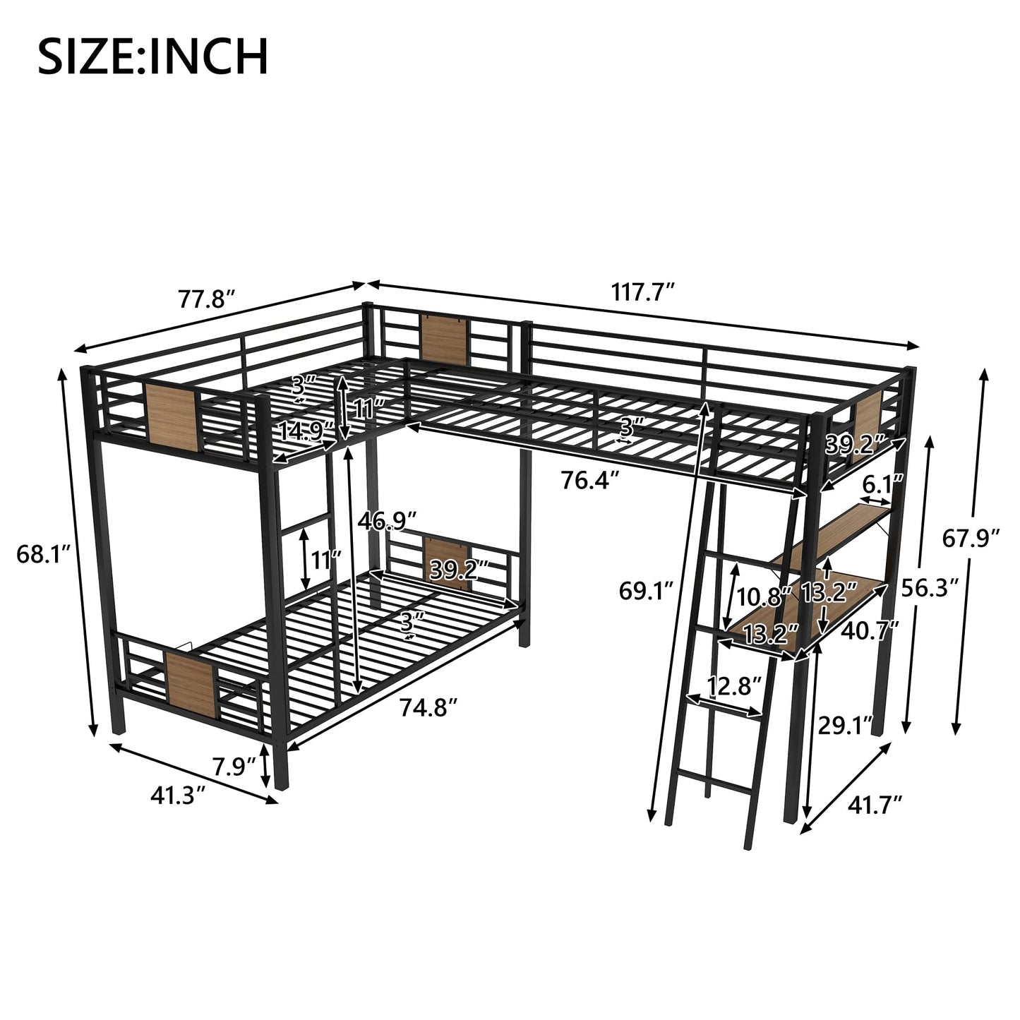 MERITLINE Triple Metal Bunk Beds,L-Shaped Metal Triple Bunk Bed with Desk and Shelf, Twin Over Twin Bunk Bed with A Twin Loft Bed Attached, 3 Bed Bunk Beds for Kids Teens, Brown