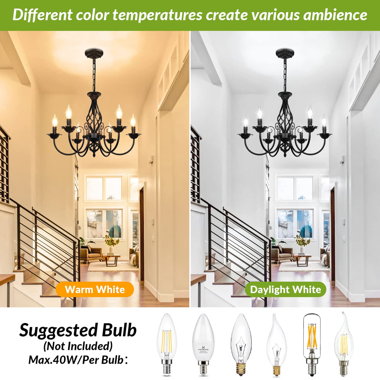 6-Light Farmhouse Candle Chandelier for Living Room, Rustic Industrial Pendant Ceiling Light fixture, Vintage Hanging Lamp for Bedroom Hallway Kitchen Dining Room Foyer, Matte Black E12 Socket VerRon
