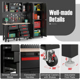 Goplus Garage Cabinets and Storage System, 6-Piece Garage Organization Cabinets Set with Rubber Wood Worktop, Pegboard, 2 Rolling Chests, Lockers, Tool Storage Chest for Workshop, 81.5” x 18.5” x 76” Goplus