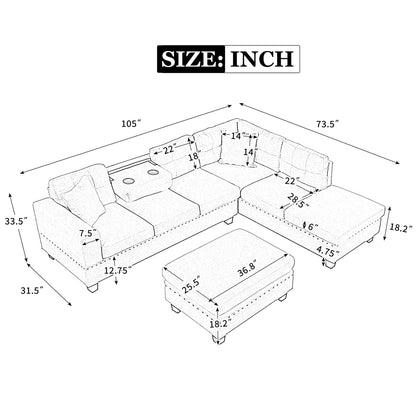 P PURLOVE Sectional Sofa Couch with Reversible Chaise and Ottoman, Polyester L-Shape Couch with 2 Pillows and Cup Holder, Sectional Sofas for Living Room (Gray)