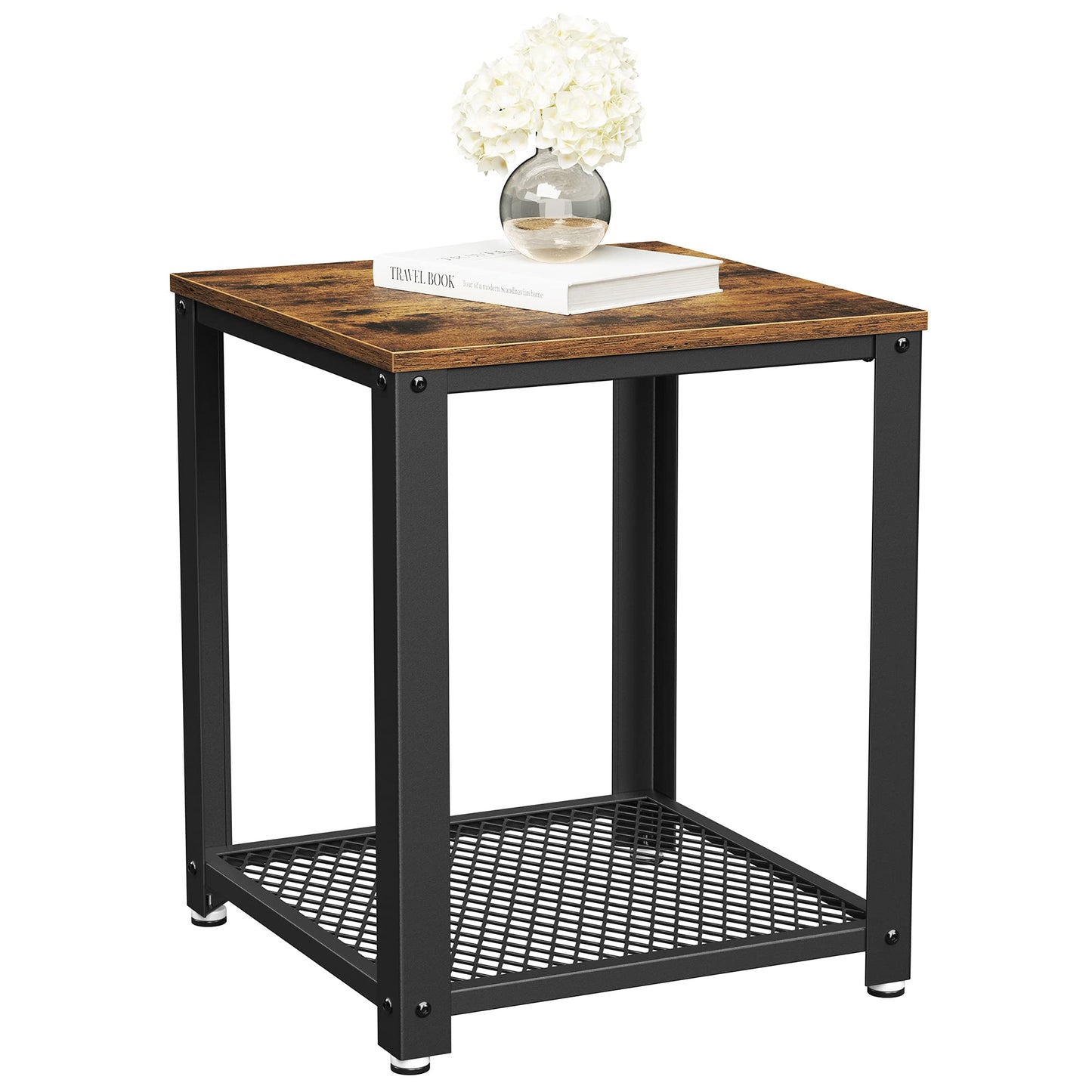 VASAGLE Side Table, 2-Tier Nightstand, End Table with Mesh Shelf, Steel Frame, Adjustable Feet, for Living Room, Bedroom, Industrial Style, Rustic Brown and Black ULET41X, 17.7 x 17.7 x 21.6  - WoodArtSupply