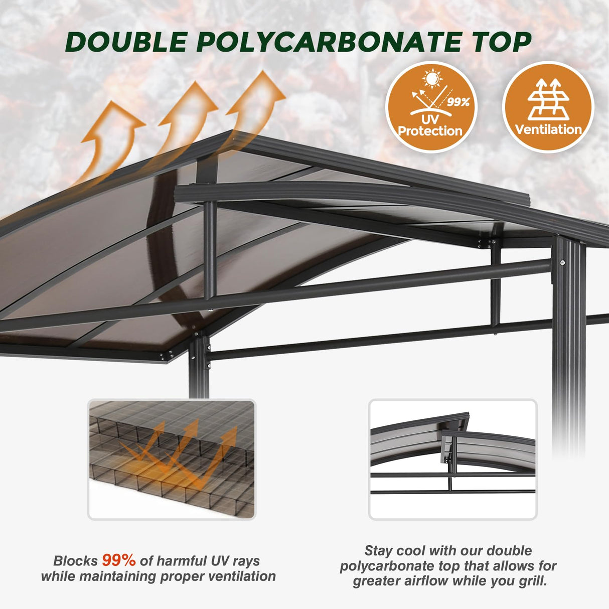 COOS BAY 8x5 Barbeque Grill Gazebo Outdoor BBQ Gazebo Canopy, Steel Frame Double-Tier Polycarbonate Top Canopy with Shelves Serving Tables COOS BAY