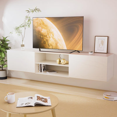 TIMSATIO Floating TV Stand Wall Mounted,70" Floating Entertainment Center for 60" 70" 80",Floating Shelf for Under tv, 3 Cabinet TV Console,Media Console for Living Room (Off-White)