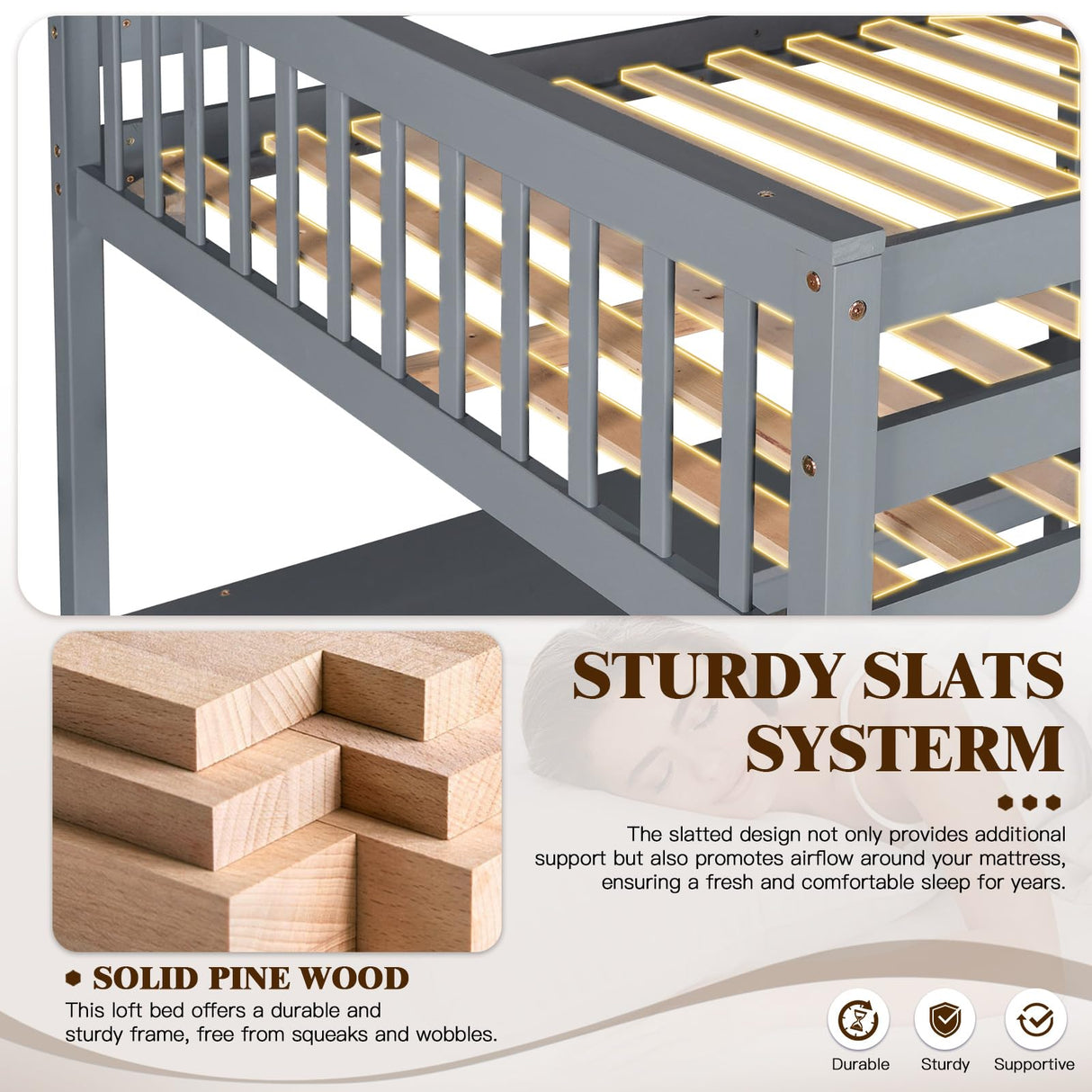 KINFFICT Loft Bed Full Size with Desk and Shelves, Heavy Duty Full Loft Bed Frame with Bookcase Storage, Solid Wood Lofted Bed Frame, Space-Saving, Noise Free, No Box Spring Needed KINFFICT