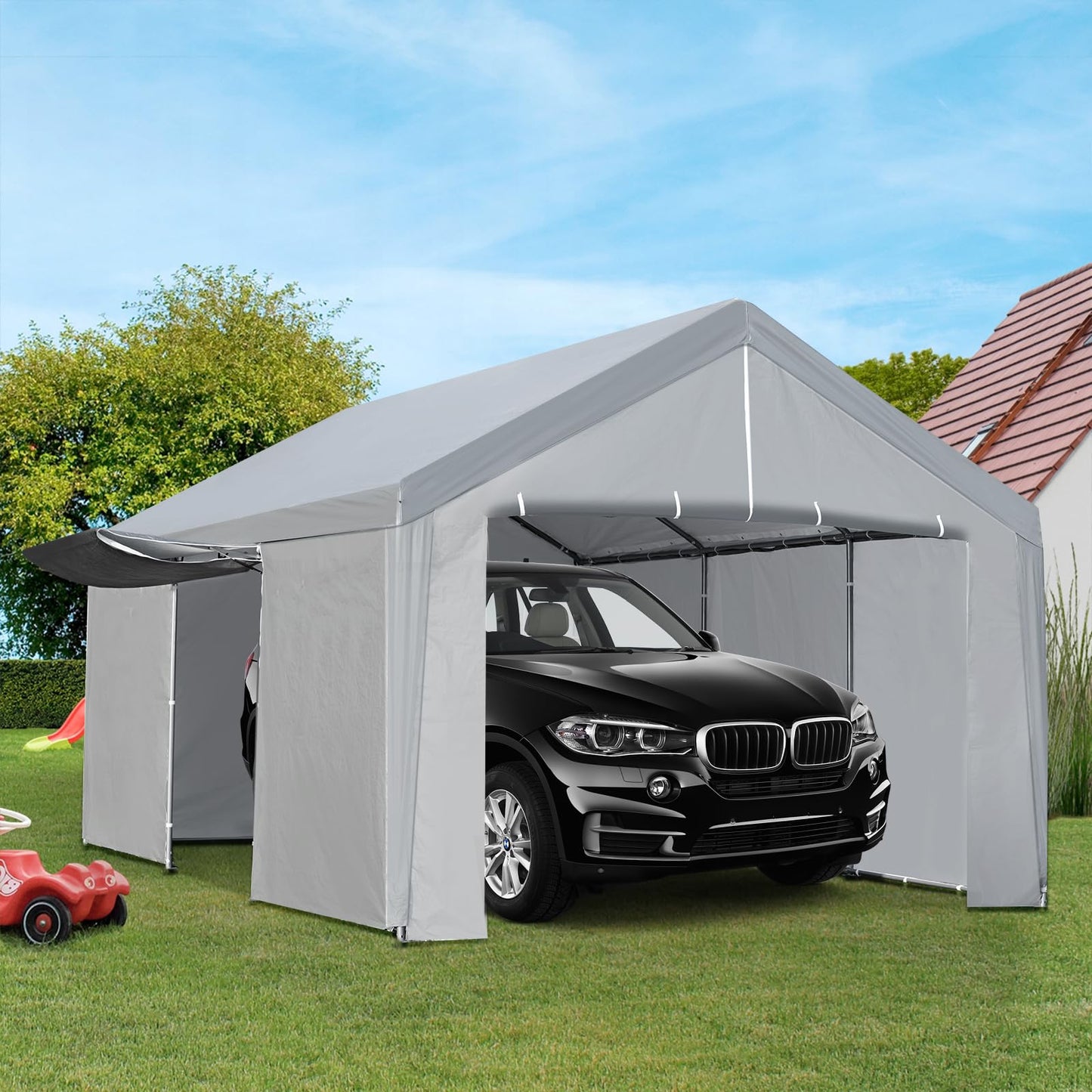 ACONEE Carport 13×20 FT Portable Garage, Heavy Duty Garage Car Port Canopy with Roll-up Doors & Removable Sidewalls, Garage Boat Shelter Tent, 180g PE Waterproof Canopy for Pickup Truck, Grey - WoodArtSupply