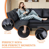 Wakefit Sectional Sofa Couch, Modern 4-Seaters Living Room Furniture Sets with Chaise Lounge, Ottoman & 2 Pillows | L Shape Couch | Cup Holder | Faux PU Leather, Black Wakefit