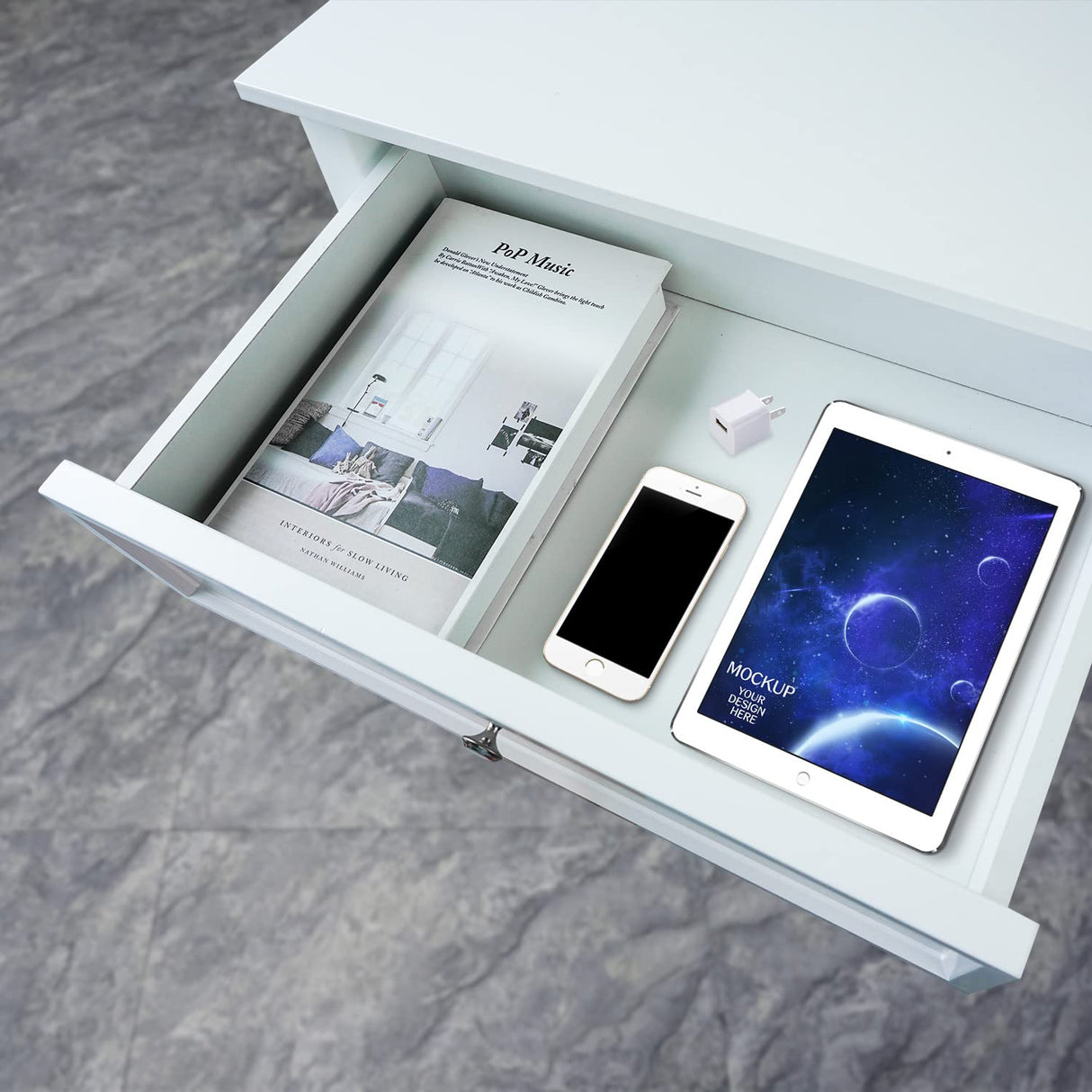 White Computer Desk with 2 Drawers, Modern Makeup Vanity Desk with Storage, Writing Desk for Home Office, 42'' Long Study Simple White Desk for Bedroom Console Table Living Room Lewahom