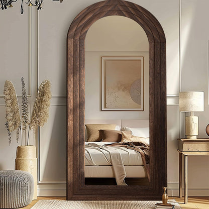 ZHUNFA Arched Full Length Mirror with Solid Wood Frame, 71x32 Farmhouse Wall Mounted Floor Mirror with Stand, Vertical Hanging, Leaning Standing for Bedroom, Living Room, Brown - WoodArtSupply