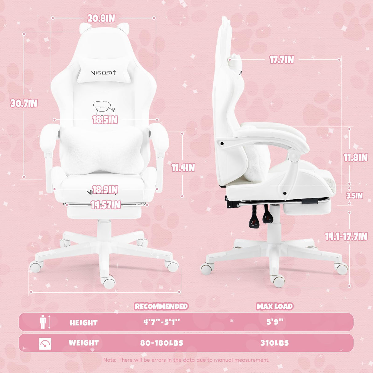 Vigosit Cute Gaming Chair with Lumbar Cushion and Decorated Ears, Ergonomic Computer Chair with Footrest, Reclining PC Game Chair for Girl, Teen, White Vigosit