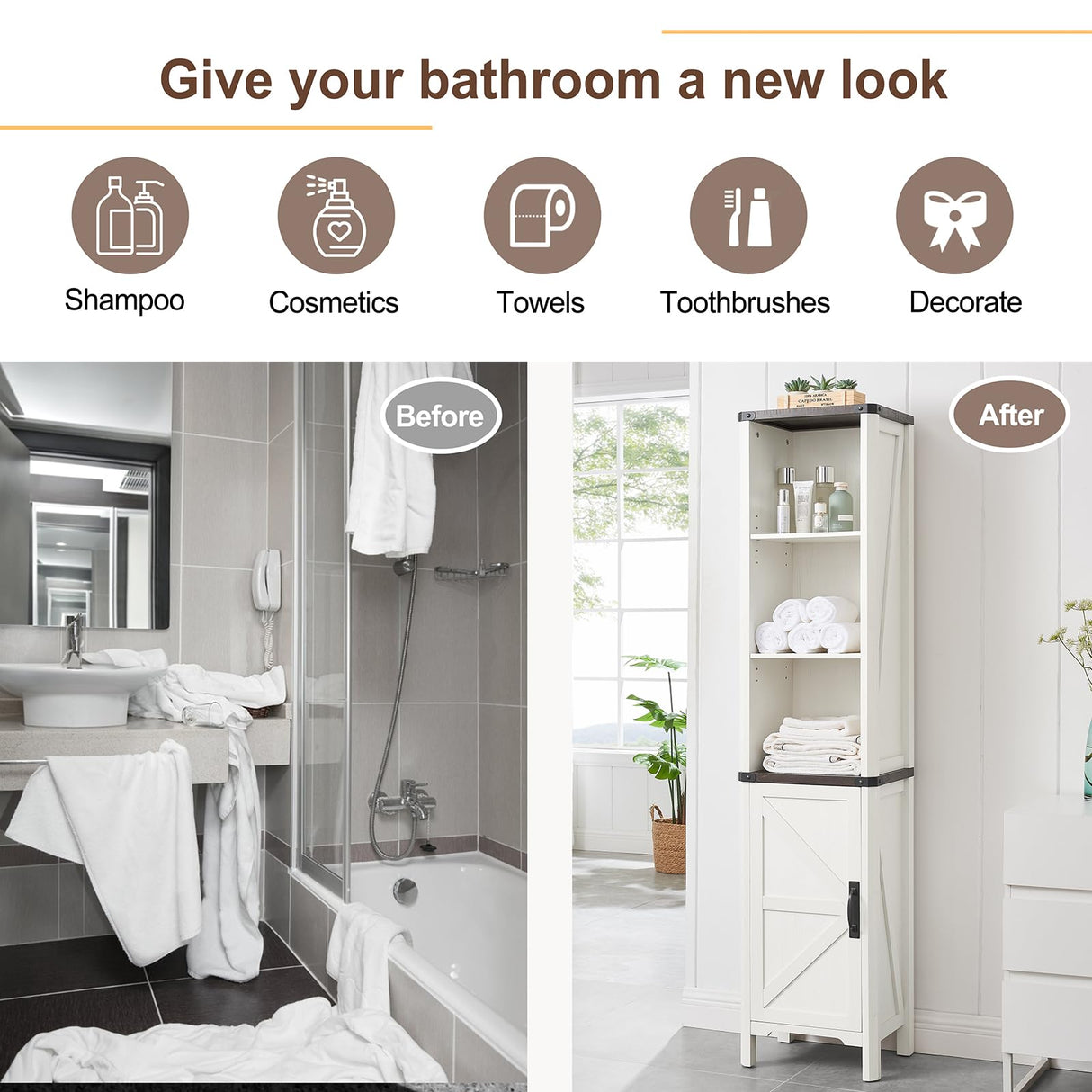 Minifeel Bathroom Storage Cabinet, 5-Shelf Farmhouse Storage Cabinet with Barn Door&Adjustable Shelves, Bathroom Organizer for Living Room, Kitchen (Antique White) Minifeel