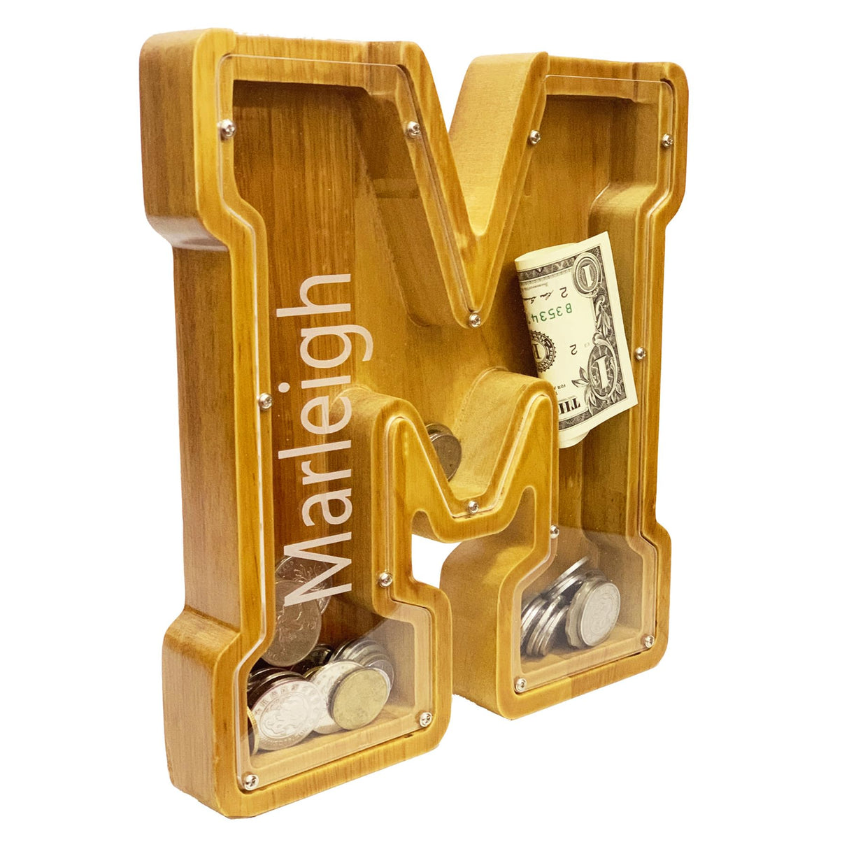 Personalized Wooden Letter Piggy Bank for Boys and Girls with Children's Letters, Customized Laser Engraved Names, Creative Letter Piggy Bank, Piggy Bank for Children's Birthday Gifts, Christmas (M) BINYLX