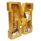 Personalized Wooden Letter Piggy Bank for Boys and Girls with Children's Letters, Customized Laser Engraved Names, Creative Letter Piggy Bank, Piggy Bank for Children's Birthday Gifts, Christmas (M) BINYLX
