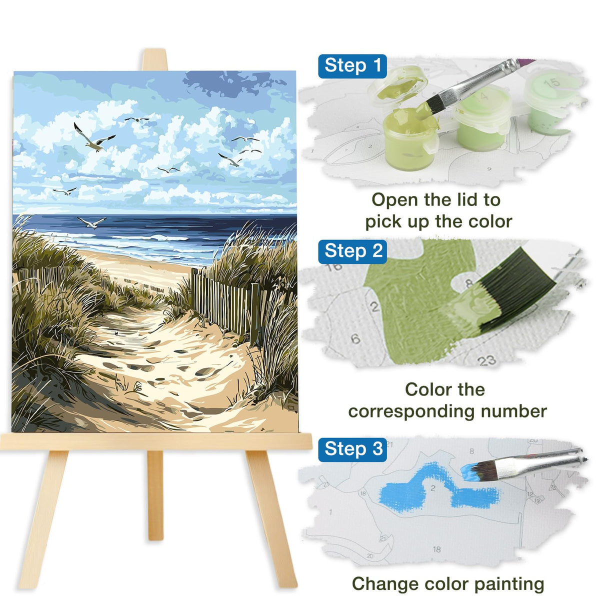 Lxmsja Sandy Beach Paint by Numbers Kit for Adults, Coastal Scene Acrylic Paint by Numbers for Adults Beginner, DIY Craft Supplies Oil Painting Kits for Home Wall Decor 16x20 inch (No Frame) Lxmsja