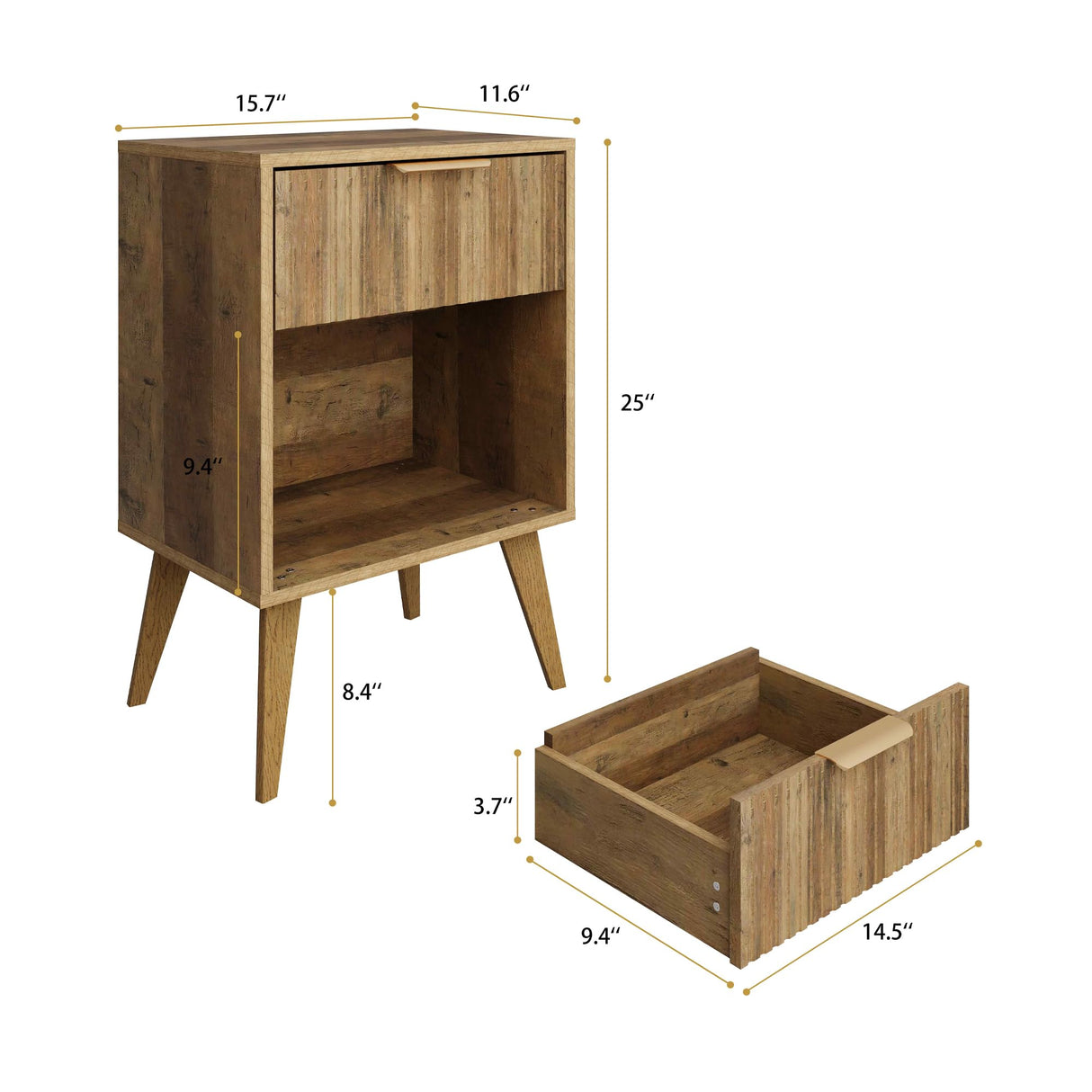 YAUKOMEL Fluted Night Stand with Opening Storage,Mid Century Bedside Table with Drawer,Wood Nightstand with Solid Wood Legs,End Table Side Table for Living Room,Bedroom,Caramel Oak CTG56BR YAUKOMEL